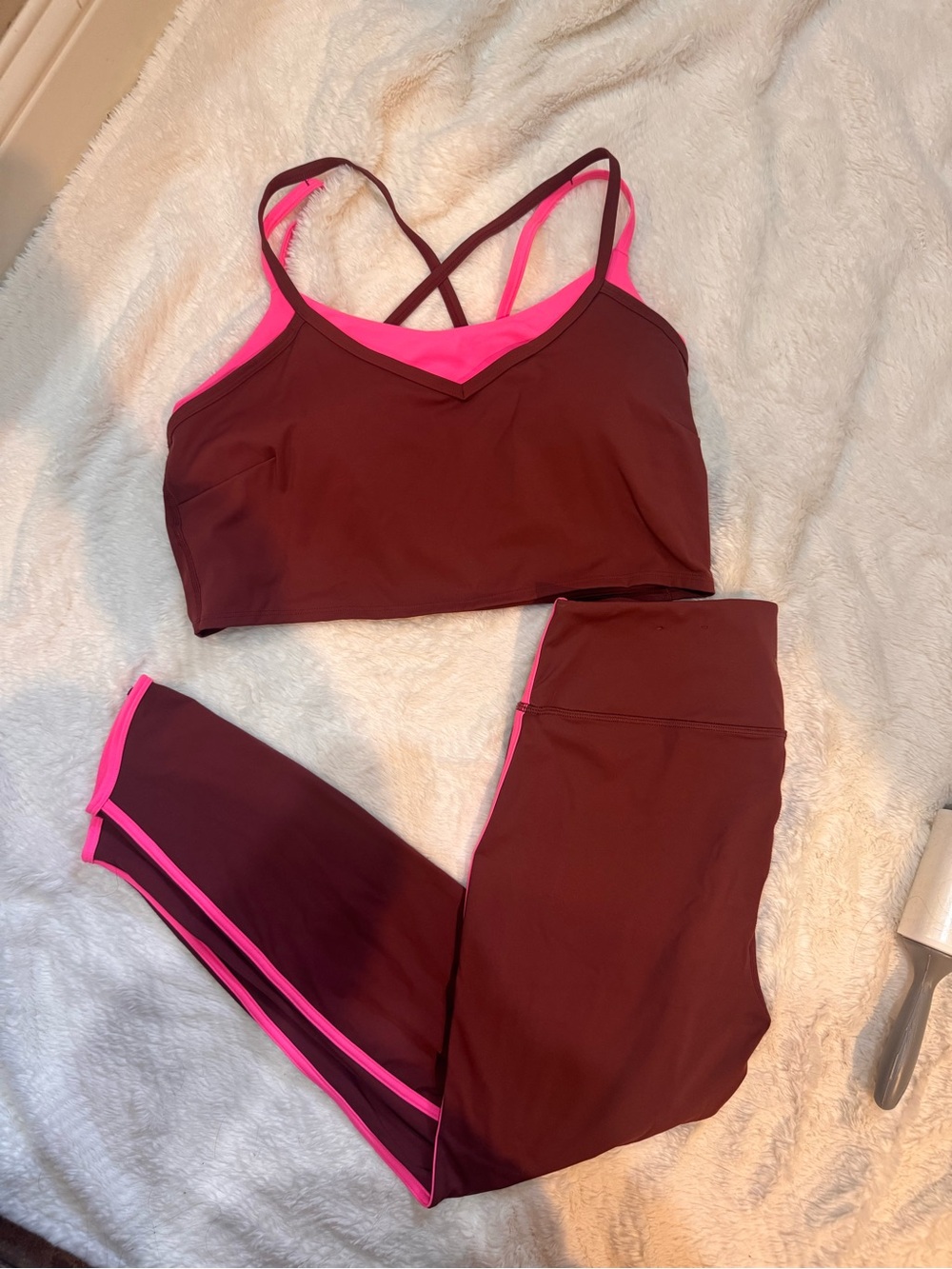 JoyLab Maroon Sports Bra & Legging Set with Pink Trim